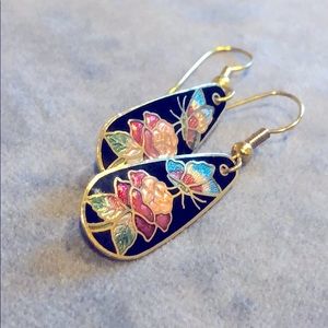 Gold tone & enamel cloisonné teardrop earrings.
